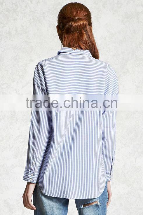 Woman long sleeve striped button down basic collar curved hem cotton blouse