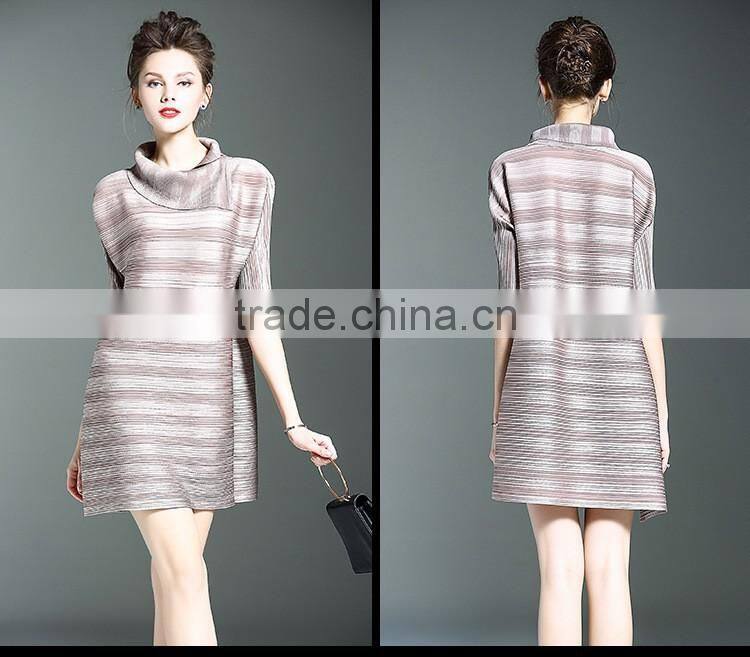 Women striated Polo neck casual pleated dresses