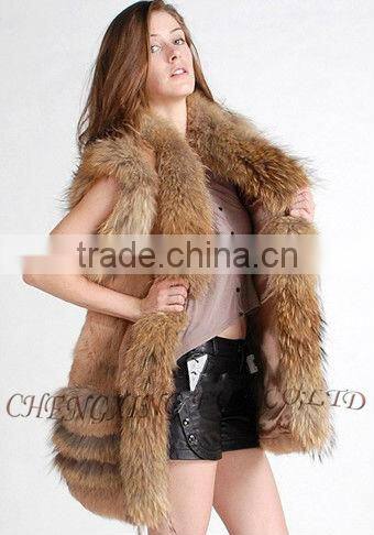 CX-G-B-203 Long Genuine Ladies Rabbit Fur Vest With Racoon Fur Trim ~ Casual Wear