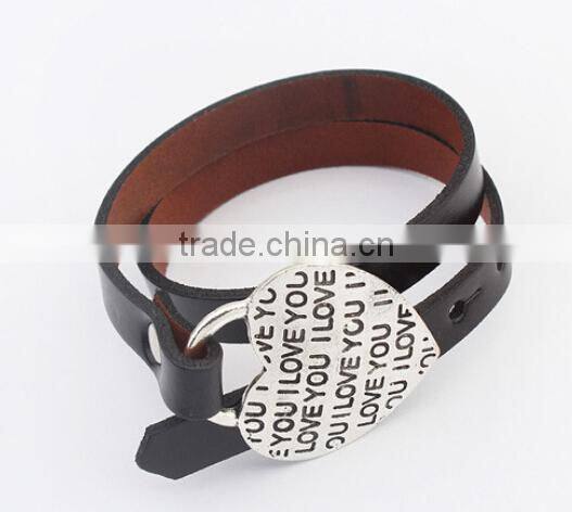 new design 2015 leather wrap bracelet I Love You heart buckle leather wrap bracelet custom logo letter buckle leather bracelet