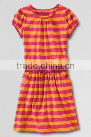 GIRLS STRIPED DROP WAIST DRESS WITH ADJUSTABLE DRAW CORD & POCKETS