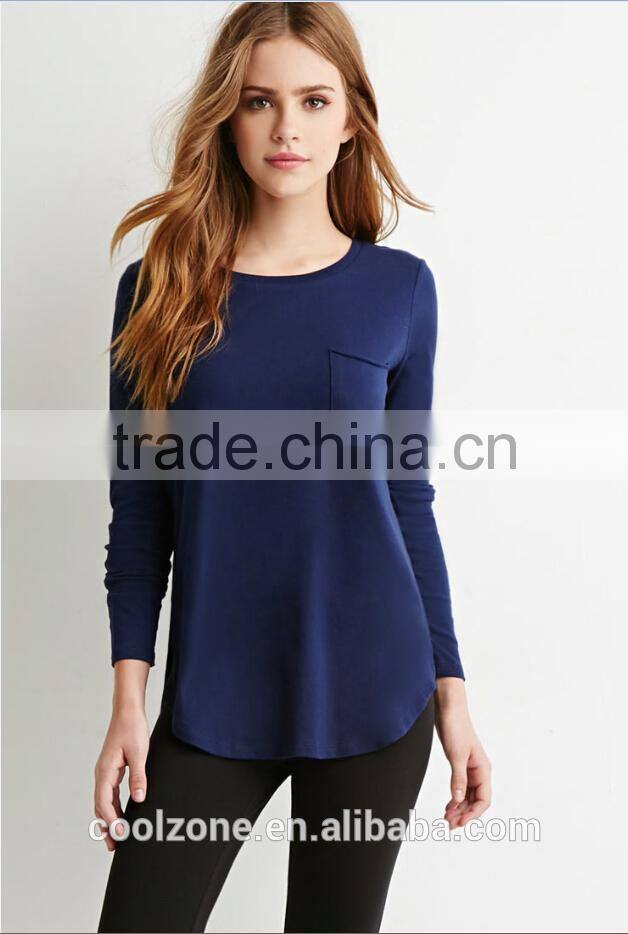 100% Cotton long sleeves t shirt women curved-hem pocket t shirts wholesale