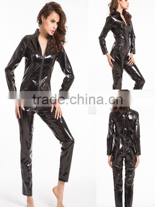 2016 Instyles Gothic Wetlook Catsuit Body Suit Black Faux Leather Zipper Jumpsuits Catwoman