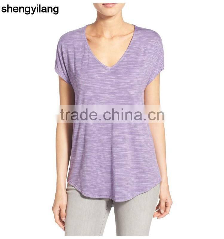 rayon,polyester,spandex tri-blend curved hem v neck wholesale short sleeve t shirts