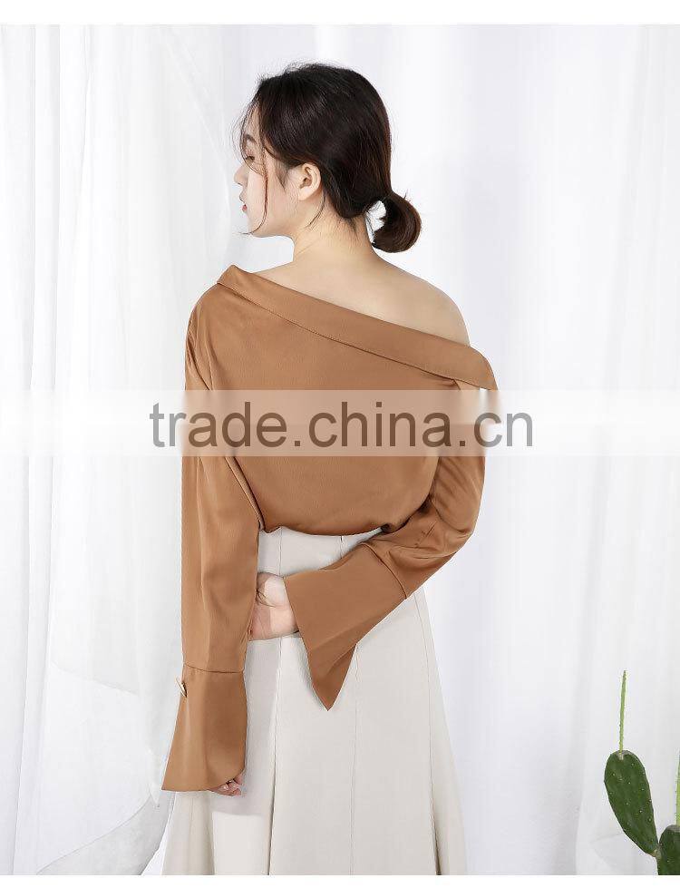 2017 autumn new style chiffon sexy collar diagonal shoulder long sleeve fashion blouse chiffon shirt