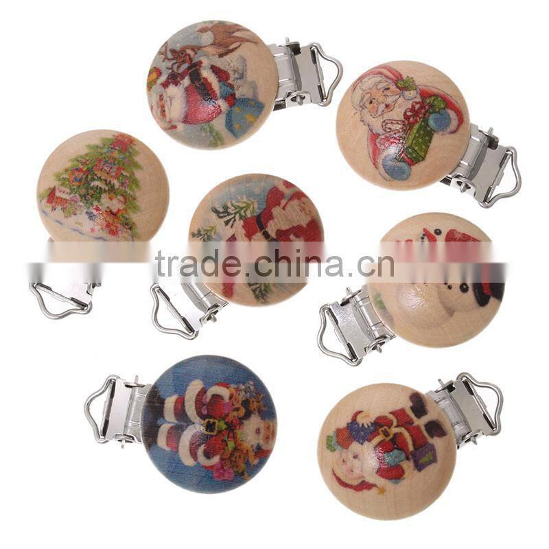 Round Christmas Pattern Wood Baby Pacifier Clips