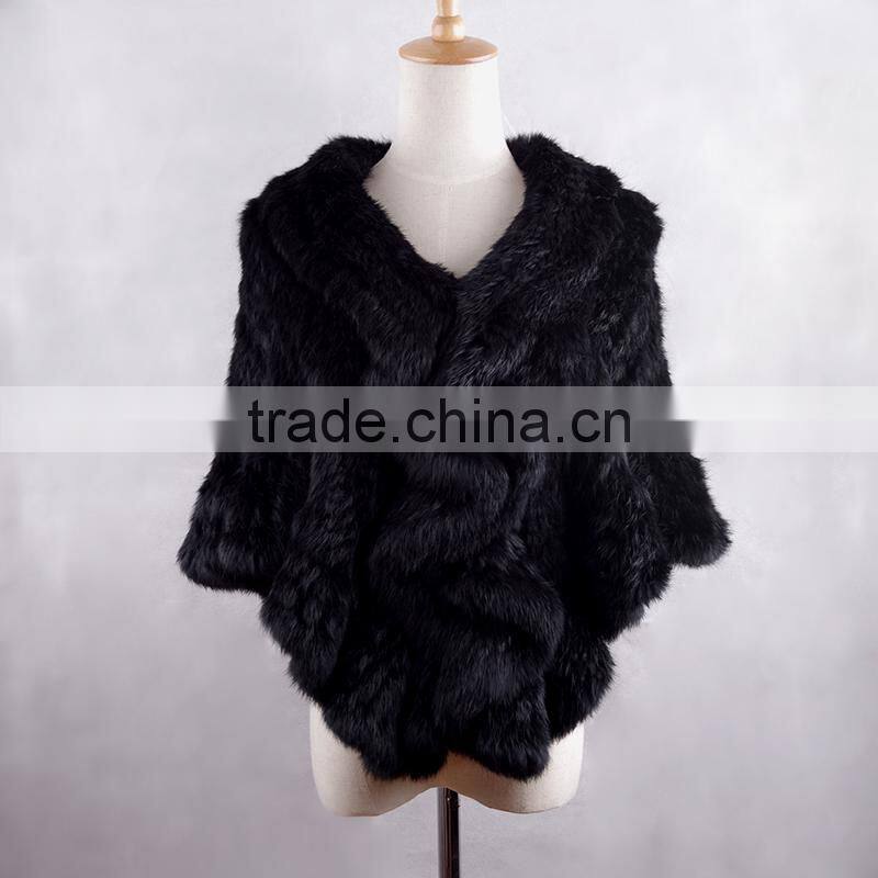 YR433 Women stretch real rabbit fur cape Thick Knit Top Quality Fur Shawl