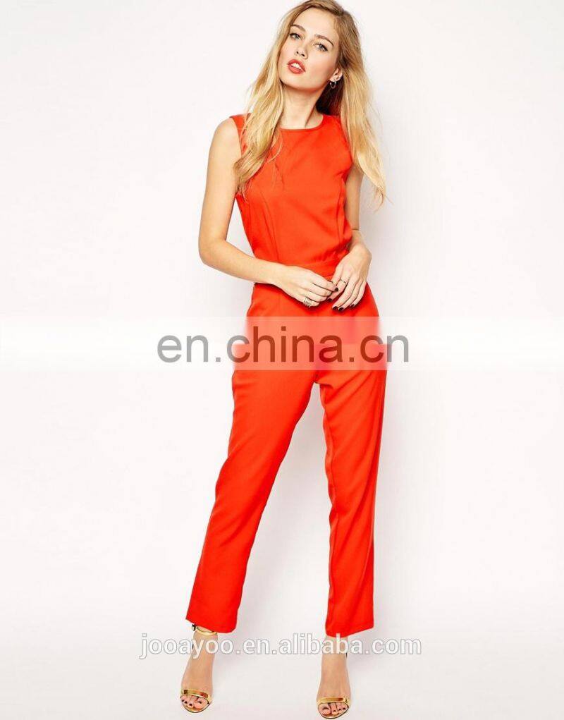 Elegant Women Slash Neckline Zip Detail Fitted Waist Slim Orange Jumpsuit