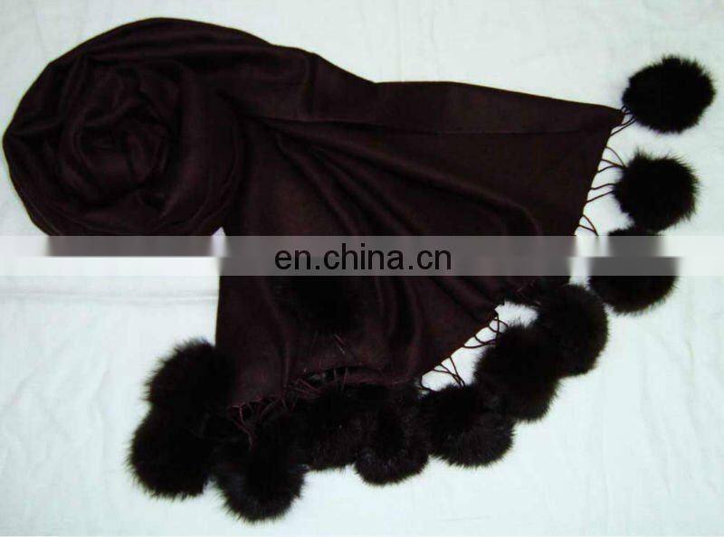 Silk Pashmina wool , Plain Pashmina shawl with Fur balls