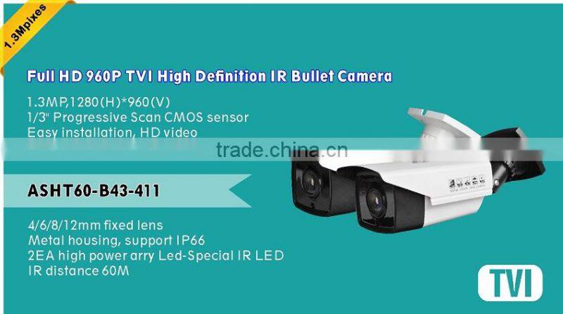 IP66 HD TVI 720P CVBS 960H two output 1.3MP CMOS Sensor IR 60M Bullet CCTV Camera with optional fixed lens