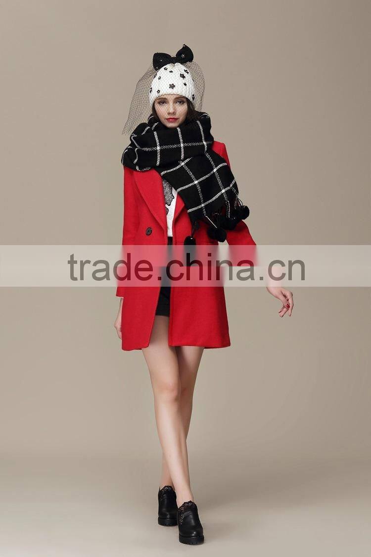 New Design Checked Plaid Acrylic Ball Fashion Ladies Winter Scarf