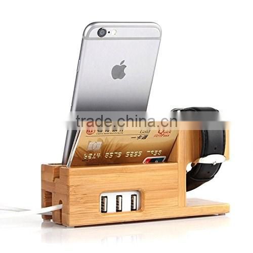 Keno Bamboo Wood Charging Stand with 3 USB Port Charging Mount Holder for Apple Watch and for iPhone 4S 5 5S 6 6 Plus
