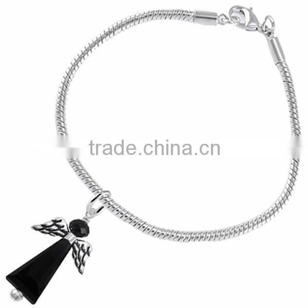 Winged And Genuine Jet Black Crystal Angel Charm Chain Link Bracelet