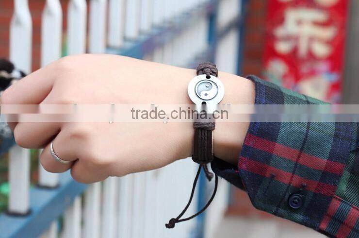 TaiChi Bracelet Genuine Leather bracelet With Engraved Alloy Charm
