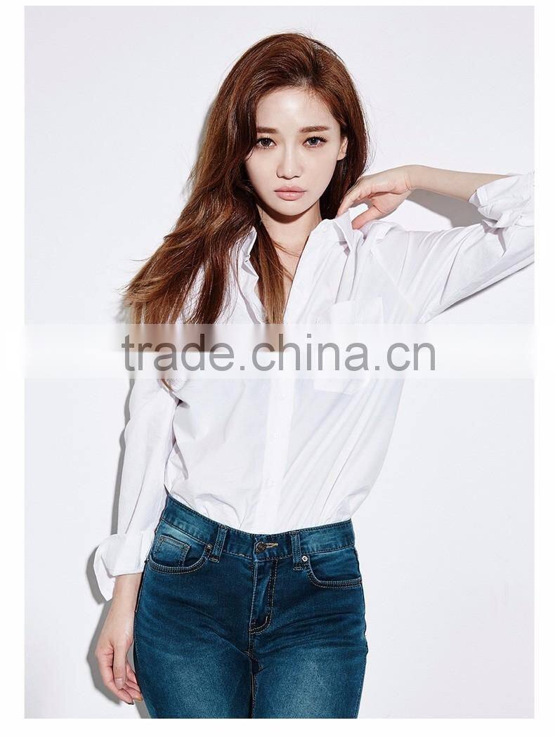 Women's Basic Design Cotton Long Sleeve Boy-Friend Style Shirt Blouse Solid White