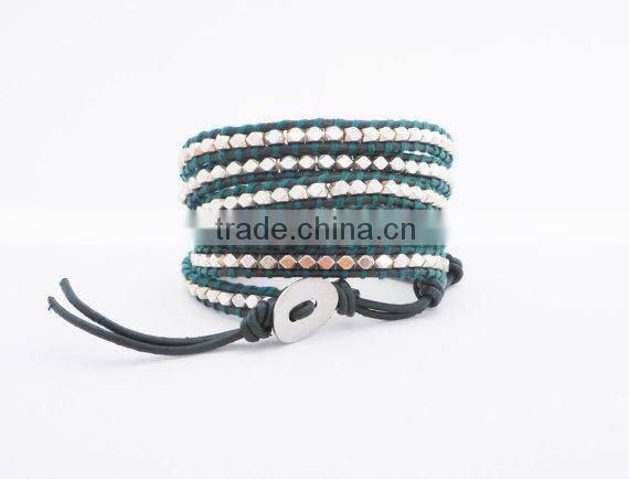 Dark Green Leather Wrap Bracelet with Silver Plated nugget beads