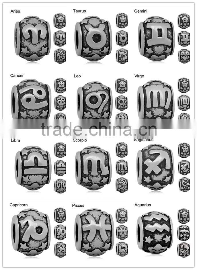 Wholesale 12 Constellations Totem Vintage Tone Stainless Steel Big Hole European Charm Beads Jewelry Accessories SEB-LG527