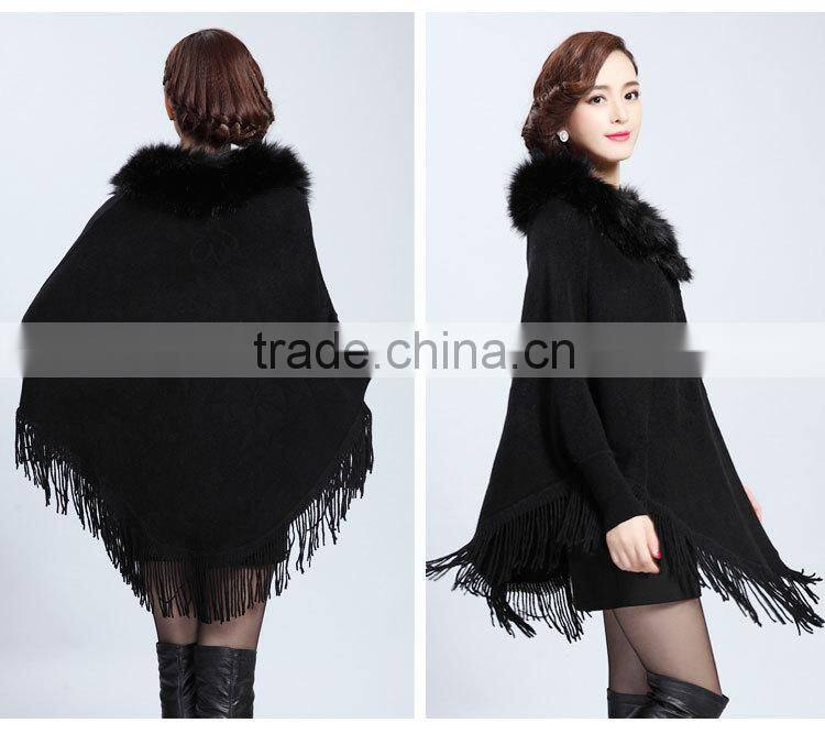 2015 Europe and United States new upmarket collars printing long tassels knitting cape coat female