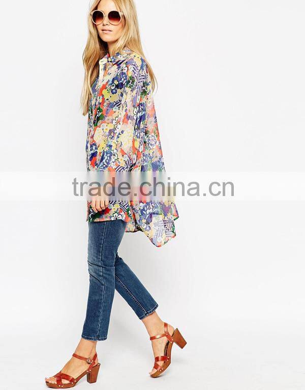 2015 New Latest Printed Blouse Designs Long Sleeve Oversized Kimono Blouse