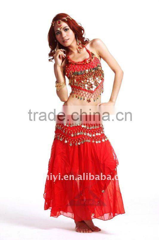 Chiffon Belly Dance Top with gold coins and beads for women dancers (SZ002)