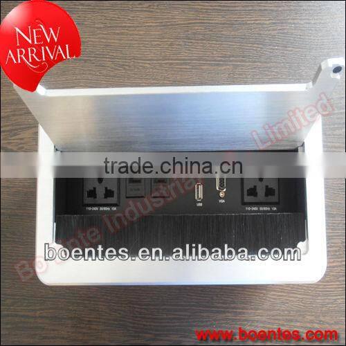 Aluminum Brushed Panel Flip Up Desktop Power Socket Box with Network Data for Office AV Solutions