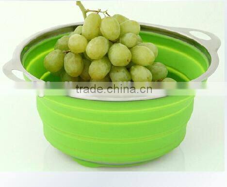 Collapsible Silicone Colander with Stainless Steel Rim, Green