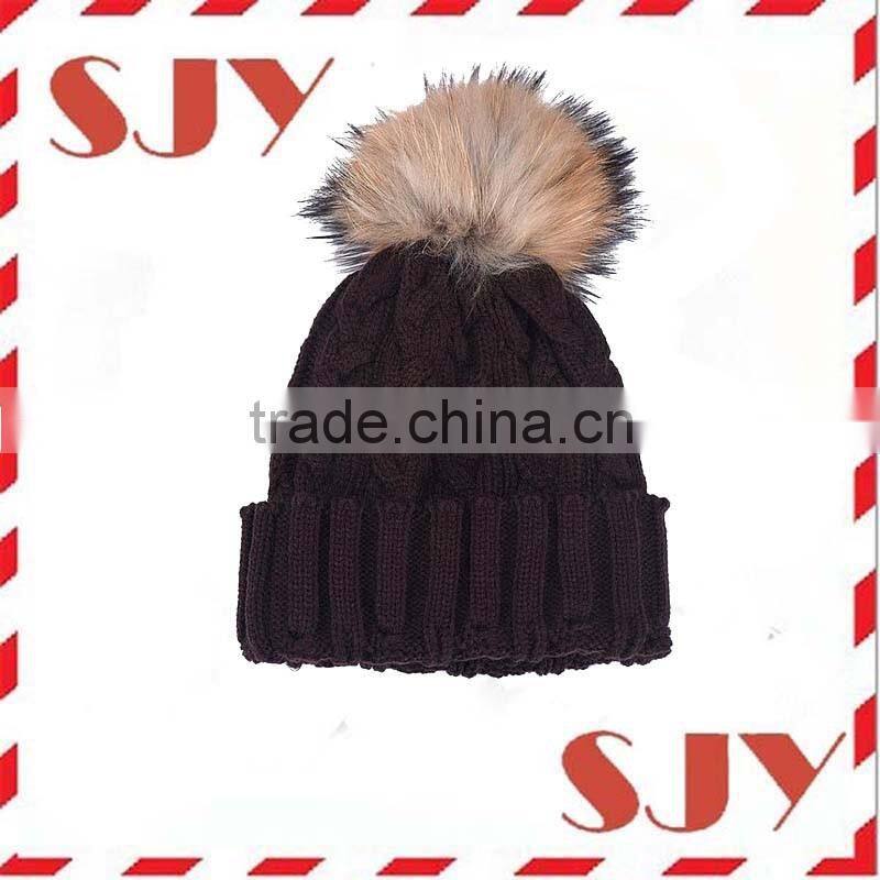 Women Real Raccoon Fur Ball Knitted Beanie Hat