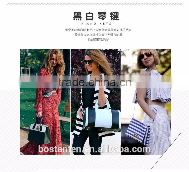 Striped design women handbag leather tote bag lock metal buckle