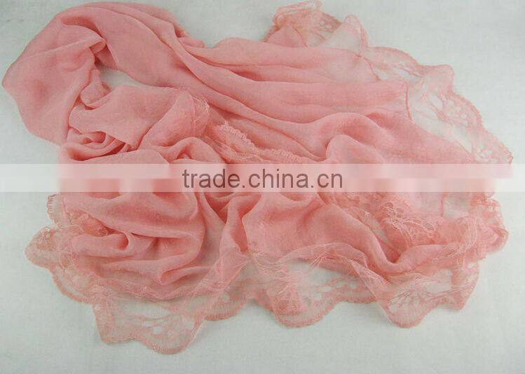 2014 Newest Style Solid Color Silk Chiffon Scarves Lady Girls Lace Edging Scarf Shawl Black Wholesale