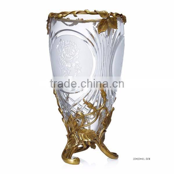 Hand Engraved Double Hourse Footed Bronze Mounted Vase, Ornate Crackle Crystal Flower Vase With Brass Base