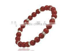 wholesale 7" strech style 8mm round red coral bracelet with 6mm silver tone spaces