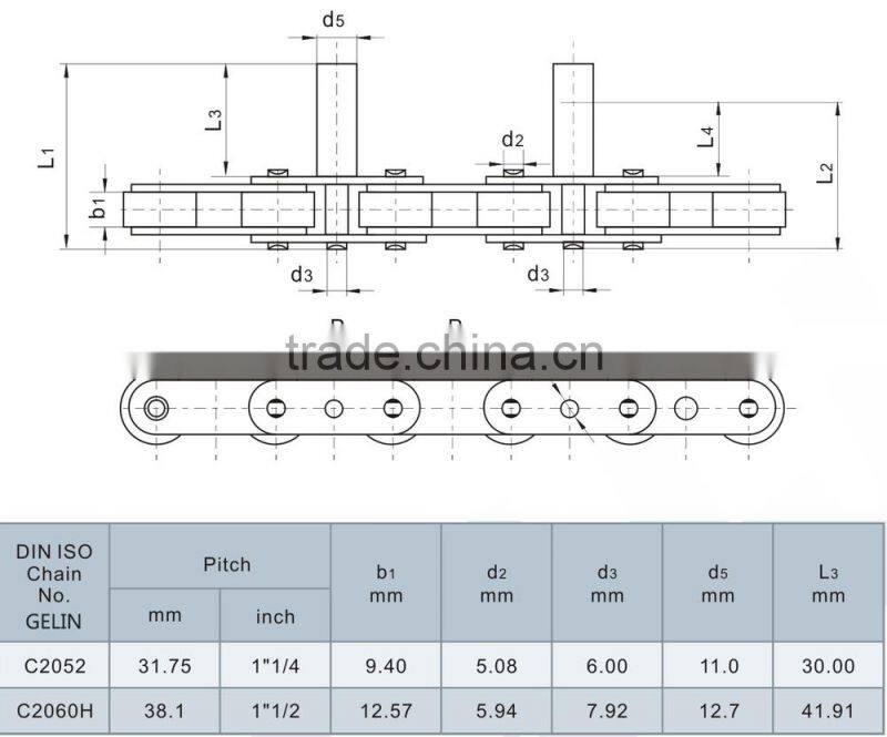 C2060 C2080 standard doube wide conveyor chains with extended pins