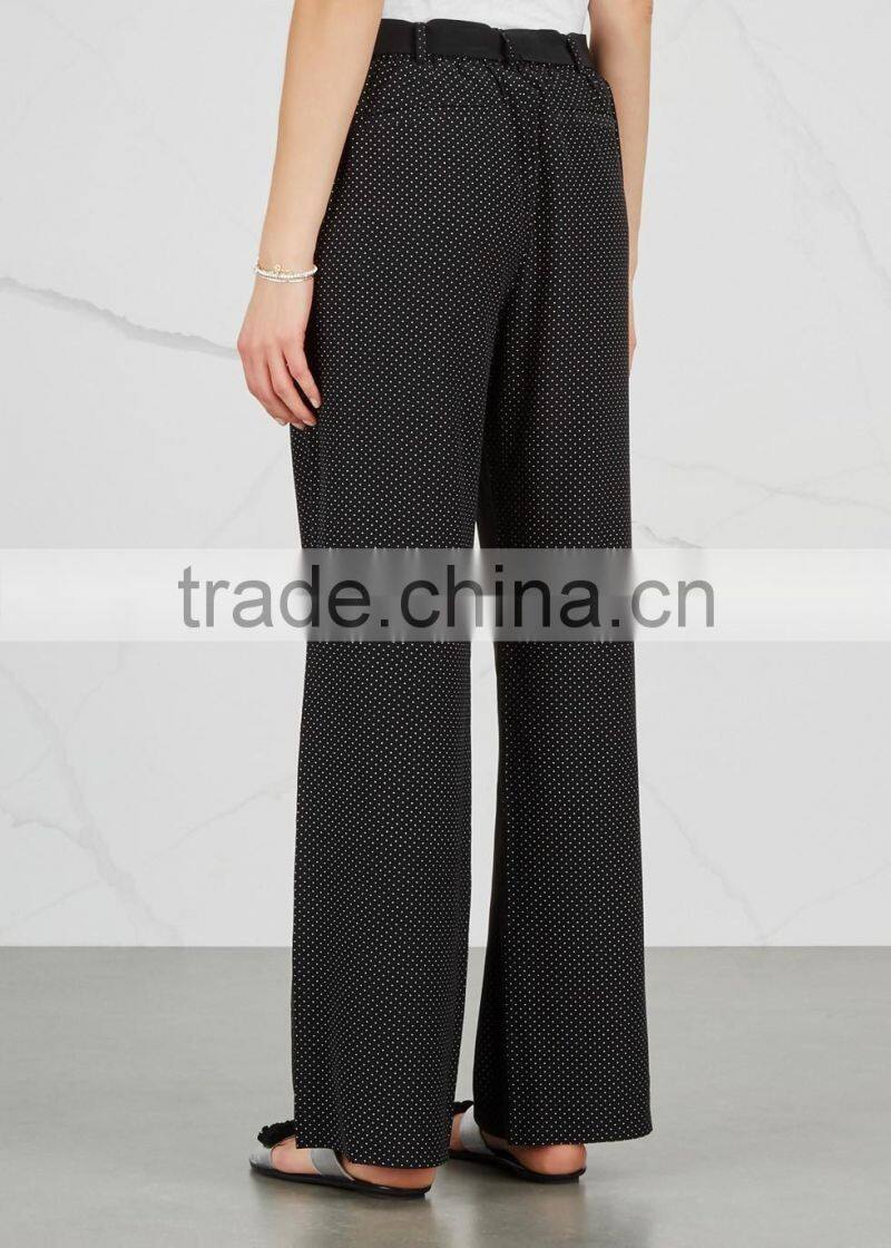 Wholesale Women Apparel Polka-dot Print Belt Loops Waist Tie Black Silk Trousers(DQE0364P)