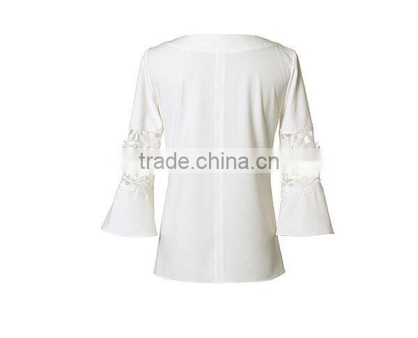 trendy fashion lace sleeve pure white sexy party blouse