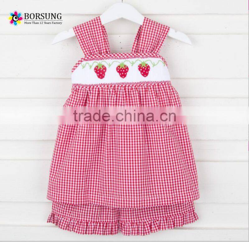 Summer Hot Sale baby clothes set red plaid smocked Dress with shorts kids clothing