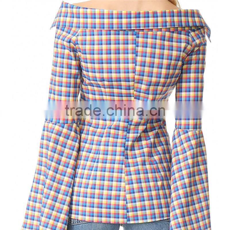 OEM Fashion Strapeless Neckline Horn Cuff Plaid Women Blouse