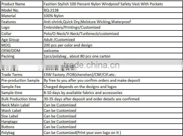 Fashion Stylish 100 Percent Nylon Windproof Safety Vest With Pockets