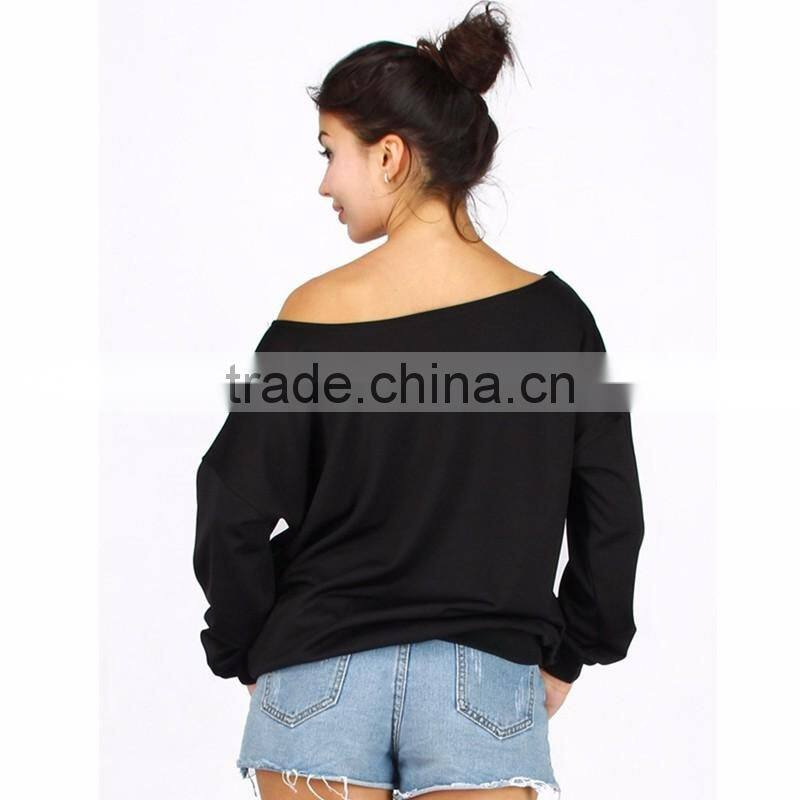 Bulk Wholesale Black Asymmetrical Shoulder Screen Printing Sweatshirt for Ladies