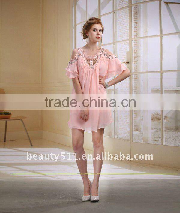 Astergarden New Design Emma Roberts Style Beaded Pink Chiffon Short Party Dress AS032-5