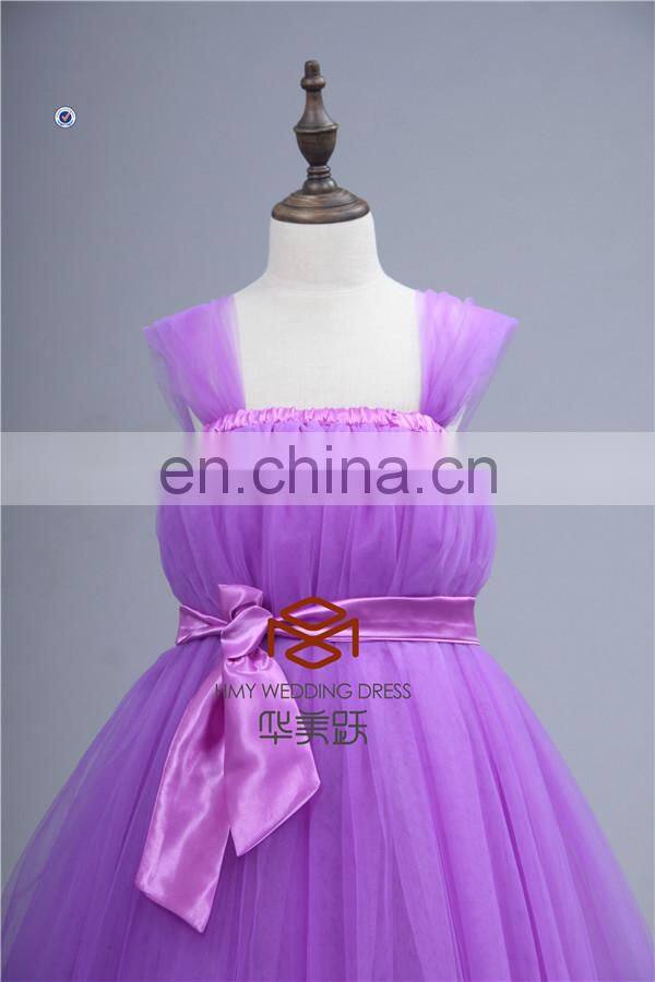 Real Pictures SHMY-F013 Purple Tulle Full Length Cap Sleeve Flower Girl Dress with Belt