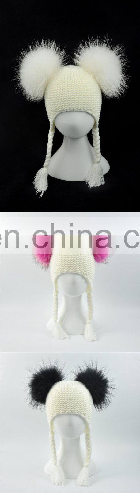 Brand Cute Baby Crochet Hats and Caps with Two Real Raccoon Fur Balls Top Color Matching Hat