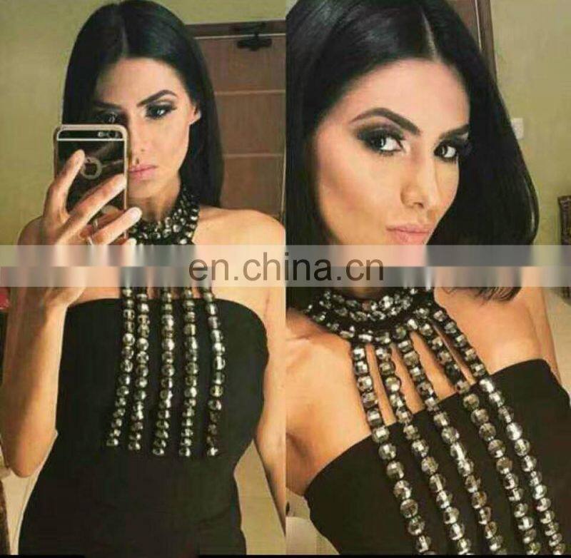 Amigo 2017 latest black halter backless beaded sexy bandagedress midi evening dresses for women party wear