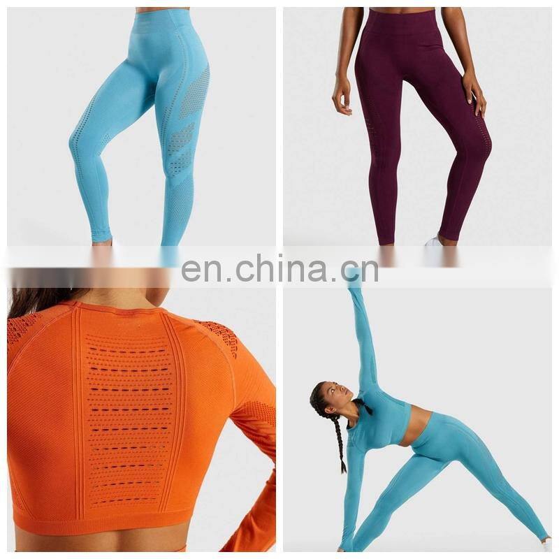 Long Sleeve Running Shirts & Full Length Gym Fitness Tights set womens seamless Crop Top Gym yoga set