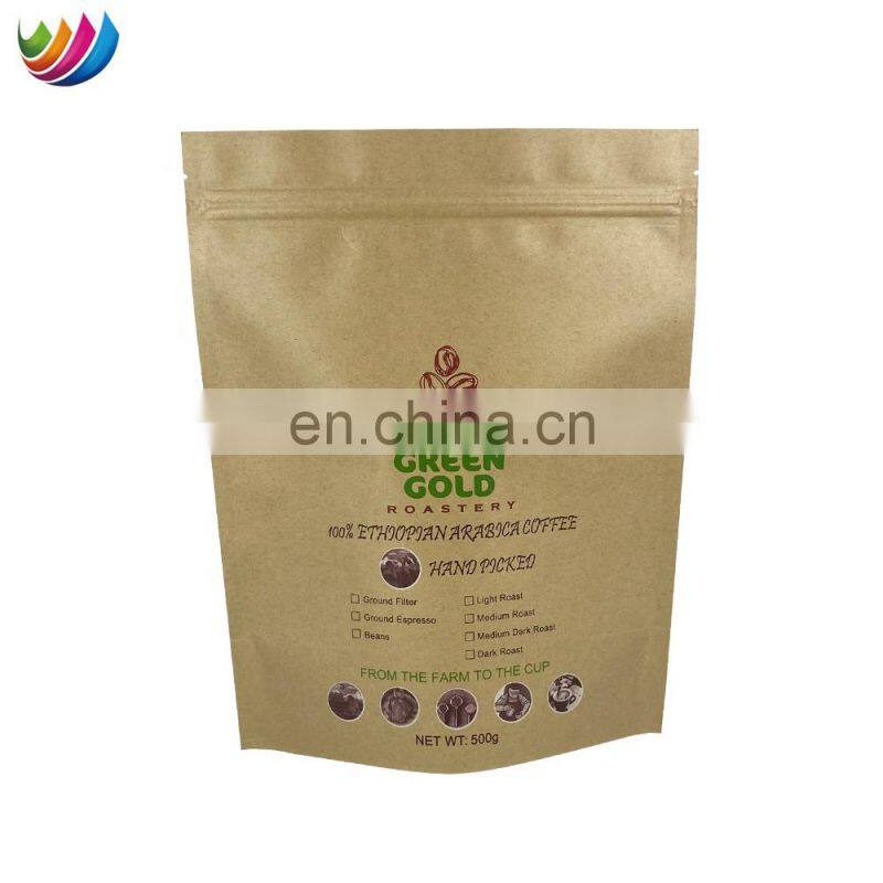Custom Printed Stand Up Pouch Compostable Kraft Paper Coffee Bag With Valve And Zip