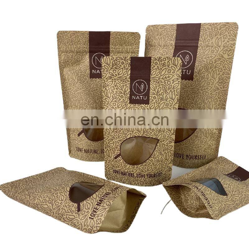 Custom design kraft paper Doypack stand up zipper pouch with clear window for food packaging
