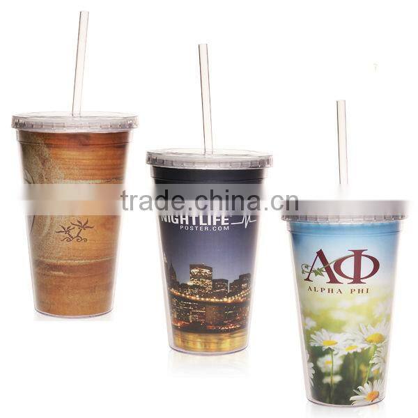 450ml/16oz BPA free plastic double wall tumbler with straw