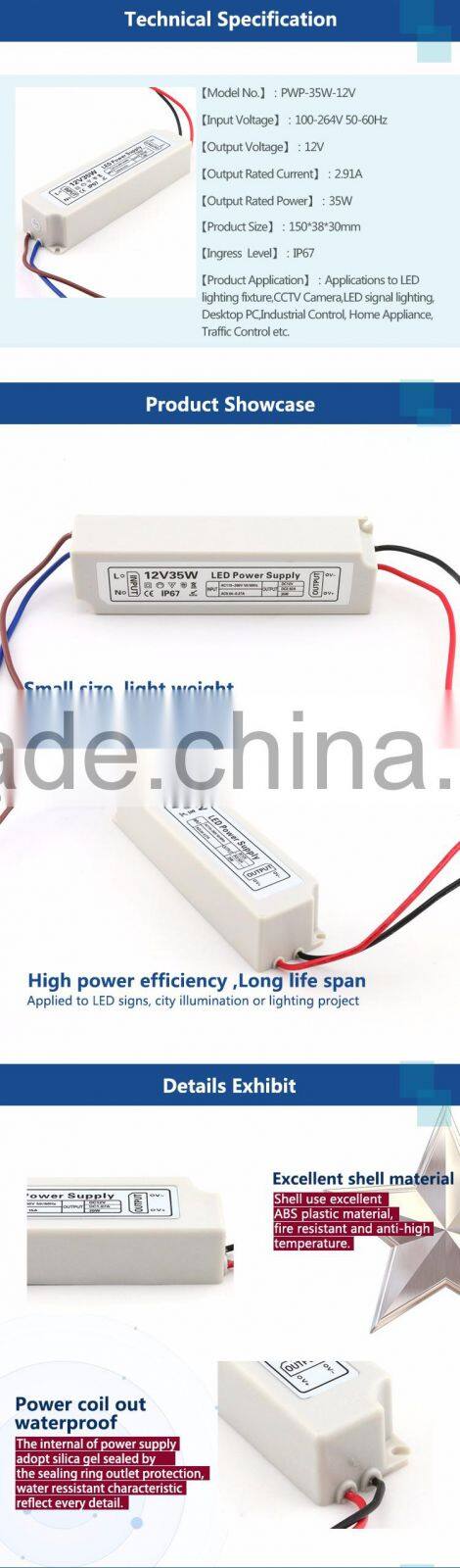 LED Driver 35w 12V Power Supply Plastic Case IP67 CE Approved