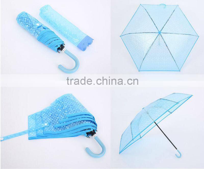 3-fold telescopic dotted 10cc POE gift umbrella with PU hook handle