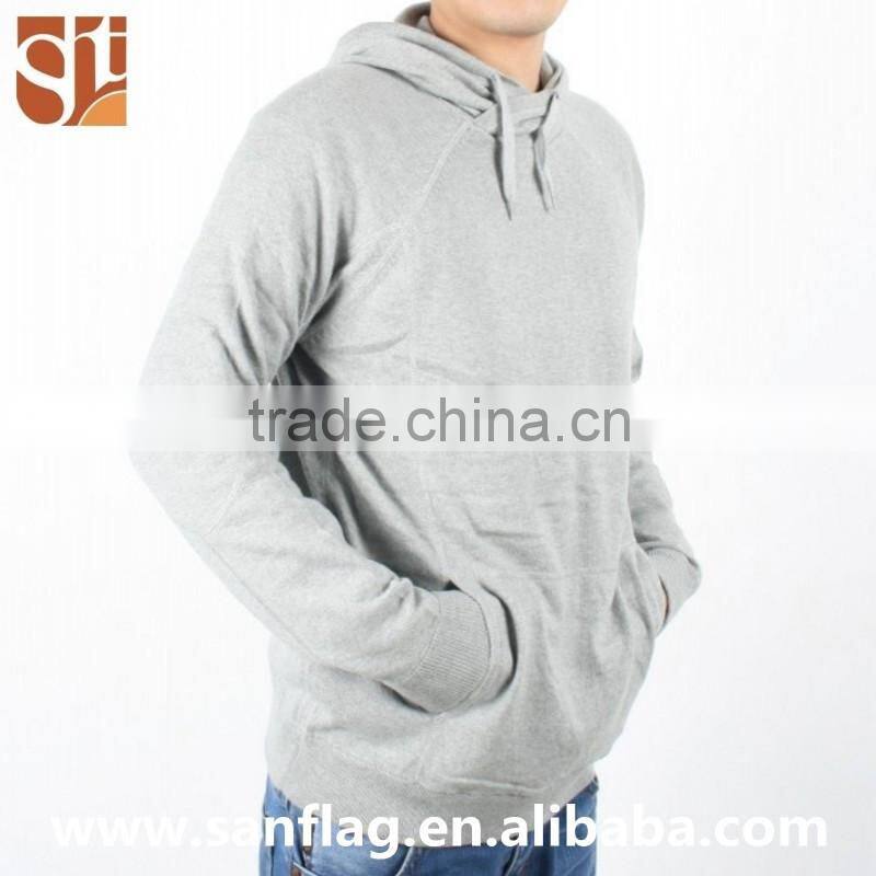 2016 China import direct man long sleeve jumper wool/cashmere hoodie light grey hand knitted sweater with kangaroo pocket
