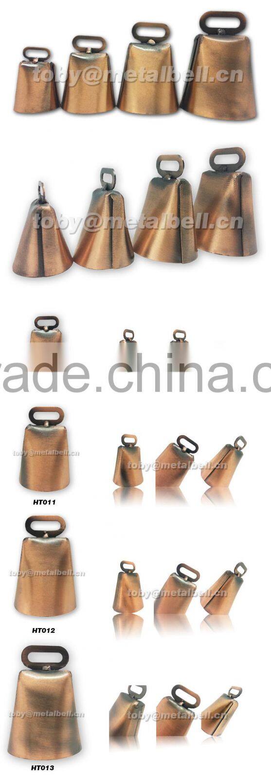 Cow bell in plated or painted color surface with logo and strap attached for hunting
